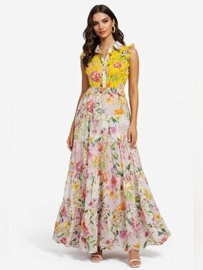 Floral Tiered Maxi Dress in Yellow & Pink